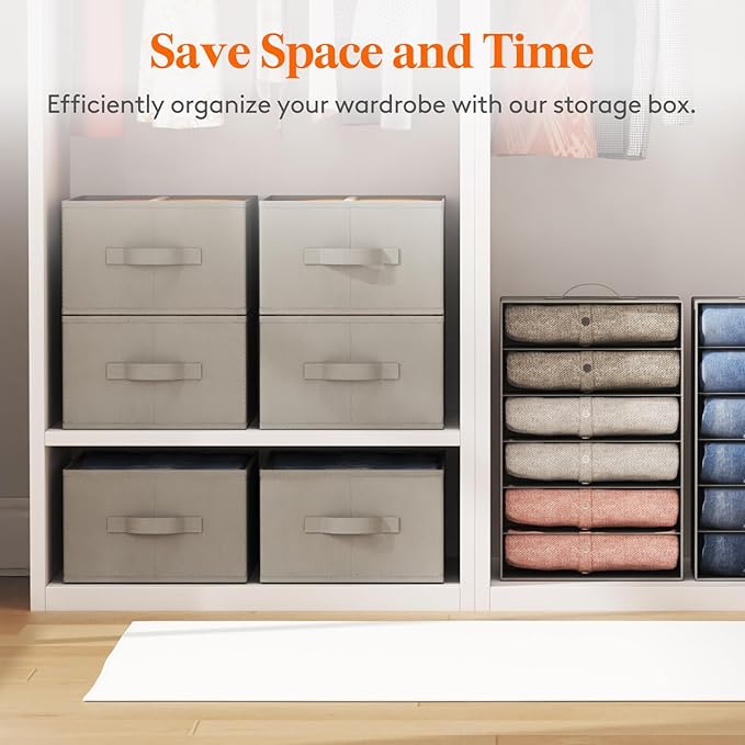 Lifewit 3 Pack Clothes Organizer, 6 Grids Closet Jean Storage Bins with Handles and Support Boards, Foldable Drawer Organizer for Sweater, Pants, T-shirt, Dress, Grey, Size 16.5''x10.6''x7.1''
