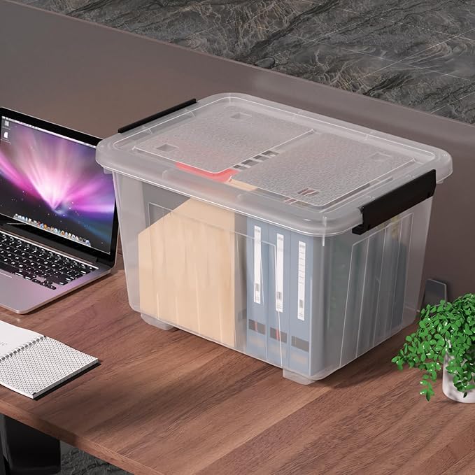 Zopnny 50 Qt Stackable Plastic Storage Bins with Lids, 4 Pack - BPA-Free, See-Through Organizing Solution, Latches, Wheels, Durable Nestable Containers, Clear