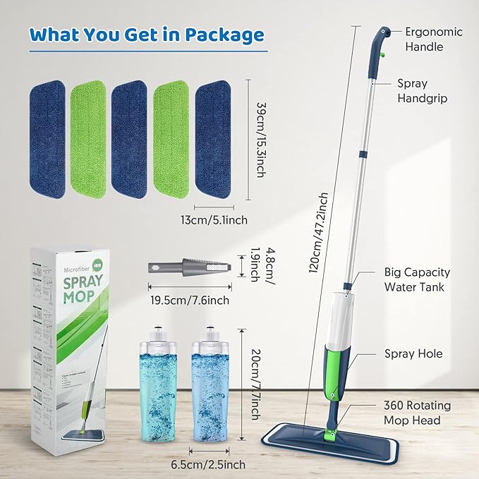 Wet Mops with 5X Washable Pads Spray Mops for Hardwood Floor Cleaning- MEXERRIS Wood Floor Mops Dust Mops with 2X Bottles Commercial Home Use for Hardwood Laminate Vinyl Tiles Wood Floor Cleaning