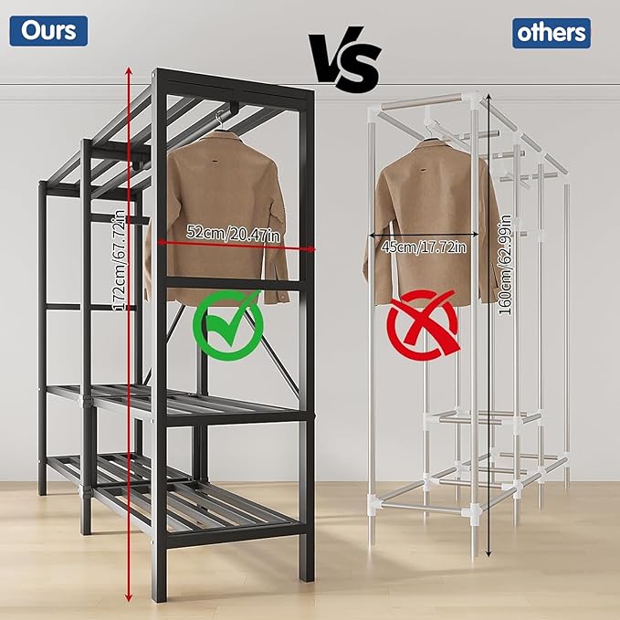 Heavy Duty Covered Clothes Rack with Magnetic Door Foldable Portable Wardrobe Closet for Hanging Clothing Rolling Black Metal Garment Rack on Wheels Closet System (Dragon Sandalwood, 58.9in)