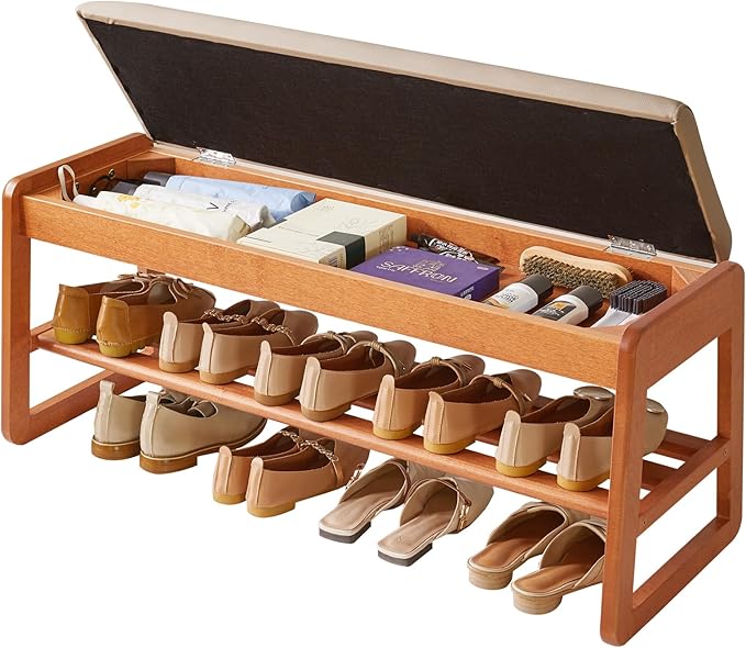 Wood Shoe Bench with Flip-Top Storage, 2-Tier Entryway Shoe Bench, 39.37in Shoe Rack with Cushion for Living Room, Cherry Wood Color YD-WD062C