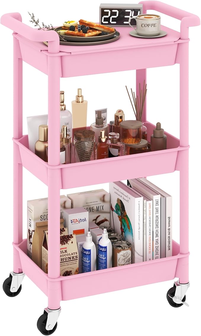 3-Tier Utility Rolling Cart with Cover Top Board, Mobile Utility Cart with Lockable Casters Multi-Functional Storage Trolley for Office, Bathroom, Kitchen, Garden, Laundry Room (Pink)