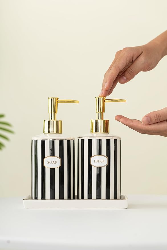 Luxury Black & White Ceramic Soap Dispenser Set with Gold Pump – 3-Piece Bathroom & Kitchen Accessories Set with Tray, Refillable Lotion & Dish Soap Pump Bottles, Elegant Modern Home Décor