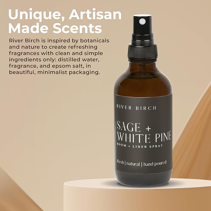 River Birch Luxury Linen and Room Spray - Sage + White Pine Home Signature Scent - Room Fragrance Spray - Fragrant Fresh Linen Air Freshener For Bedding - Handmade in Texas - 4 oz Glass Amber Bottle