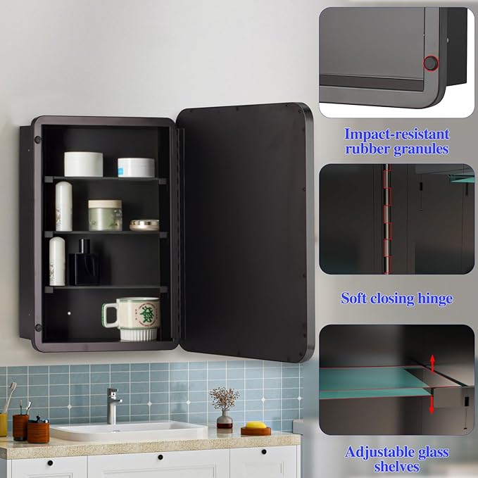 Bathroom Medicine Cabinet with 20"x26" Stainless Steel Framed Mirror,Recessed or Surface Mounted Bathroom Mirror Cabinet,Storage Cabinetfor Bathrooms, Guest Rooms, Apartments, Farmhouse Decor