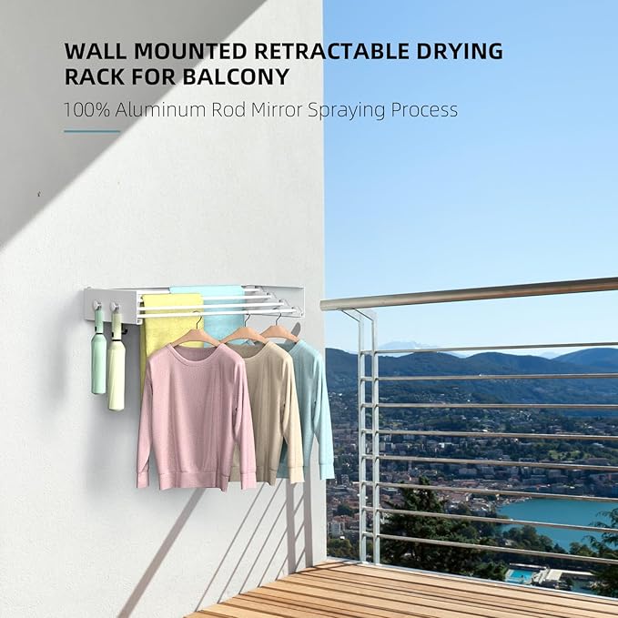 Drying Rack Clothing,Clothes Drying Rack Wall Mounted,Laundry Drying Rack Wall Mount,Foldable,Collapsible,60 lb Capacity 5 Aluminium Poles with 12 Hooks (White, 23.6'')