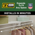 EZ SHELF - Hanging Shelf - Closet Rod - Expands 63.3-118” - White, Closet Shelves - Strong, Holds 200 lbs - DIY, Easy Install - to 2 Side Walls - Alternative to Wire Shelving