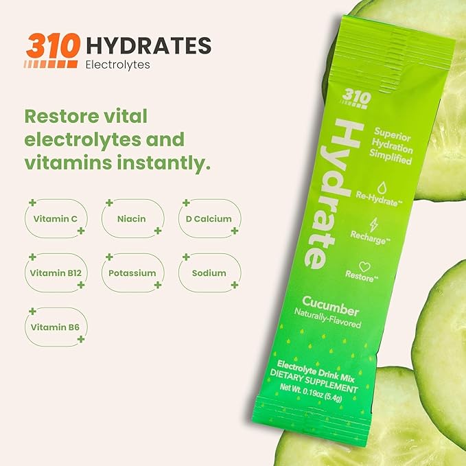 310 Nutrition Sugar Free Electrolytes Powder - Instant Hydration Packets for Daily Fluid Balance - Caffeine-Free Rehydration Drink Mix w/ Vitamins, Low Calorie & Keto Friendly - Cucumber 30 Singles