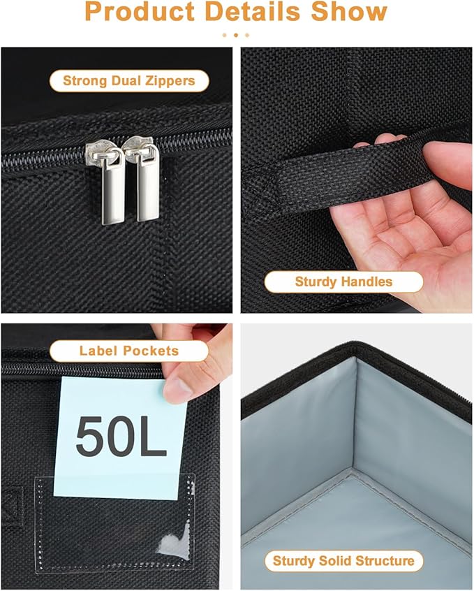 Under Bed Storage Container, 3 Pack Underbed Storage Bags With Lid, Foldable Sturdy Clothes Storage Organizer W/ 3 Handles, Ultra Thick Fabric Blanket Shoe Storage Box, 30x15x6.7inch, Black, 50L