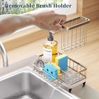 Consuemst Sponge Holder for Kitchen Sink - Auto Draining Sink Caddy Organizer with Detachable Rack, High Brush Holder, Kitchen Countertop Storage Accessories, Sand Nickel