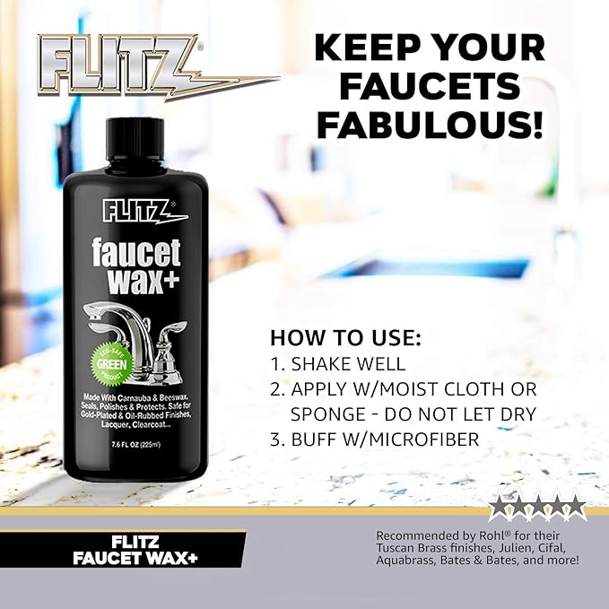 Flitz Faucet Wax Plus - 7.6oz Bottle of USA-Made, Water-Based Faucet Cleaner & Polisher for Water Stains, Fingerprints, & More - Metal Wax for Bronze, Nickel, Chrome, Brass - Granite Polish (1 Pack)