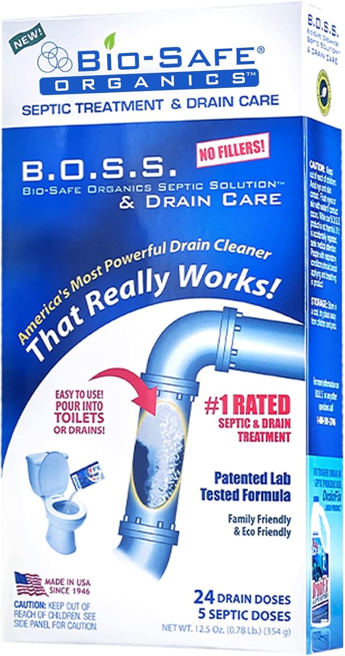 B.O.S.S.- Bio-Safe Organics Septic Solution & Drain Care 12.5 oz Powder - Patented Bacteria Enzyme Exxon Valdez Septic Tank Maintenance & Drain Care Formula, All Septic Tank Systems & Drains - 3 pack