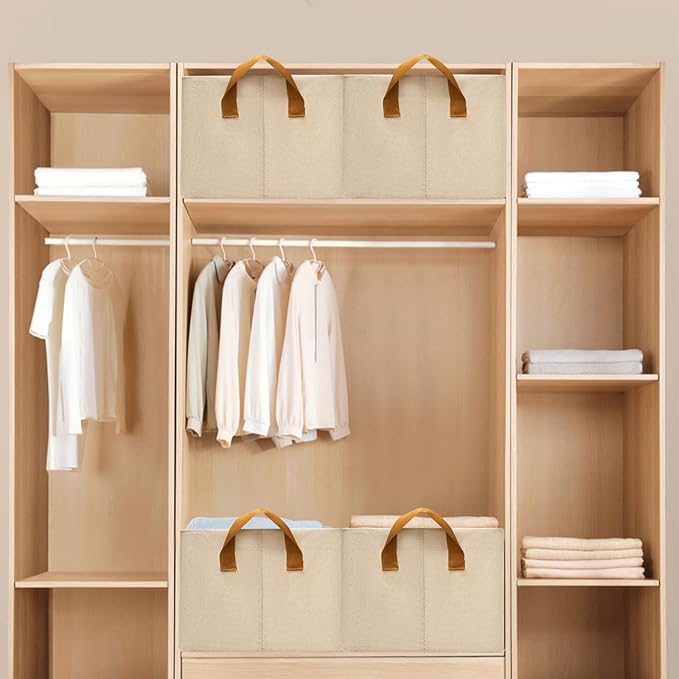 SNWDN 4 Pack Closet Cloth Storage Bins for Shelves, Medium Storage Baskets for Shelves, Fabric Bins for Closet organization with Handles（ Beige 15''L x 10''W x 8''H）