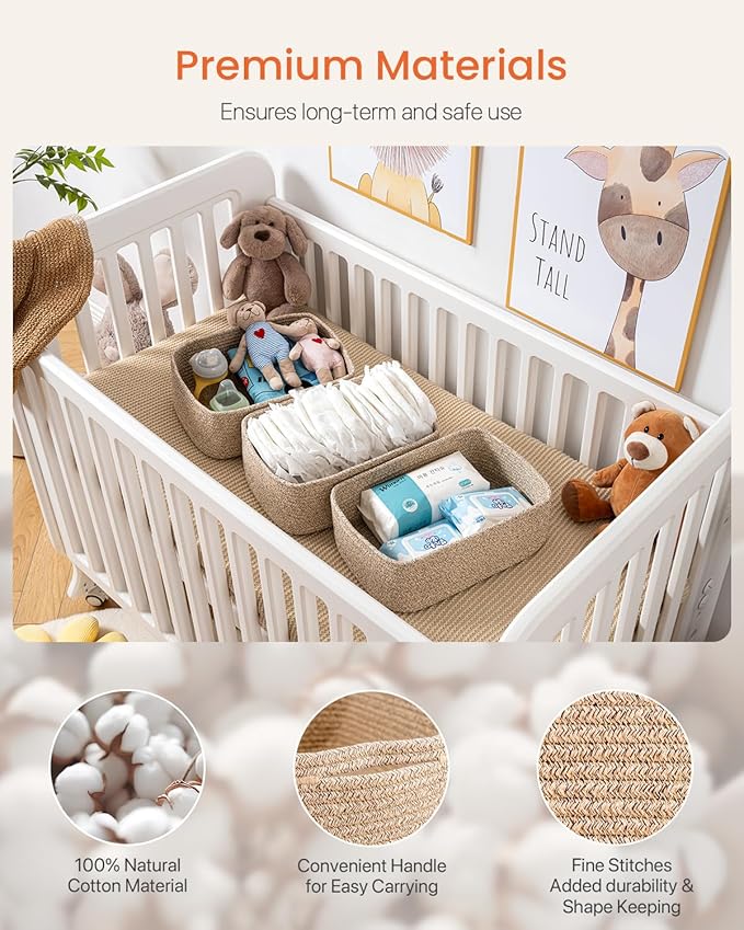 Small Woven Basket, 13.5 x 9.5 x 5 Inches, Storage Basket for Organizing, Cute Small Rope Shelf Closet Cube Storage Bins Baskets for Shelves, Dog Toy Gift Baskets Empty, 3 Packs, Mixed Brown