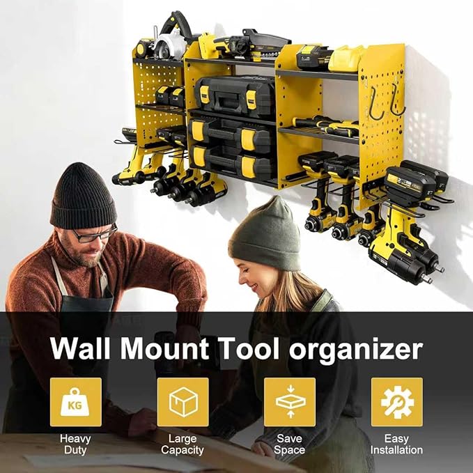 3 layers power tool organizer Loads 150lbs with 10 Cordless Drill Holder and 8 Outlet Power Strip,it’s good choice for husband birthday gift,yellow
