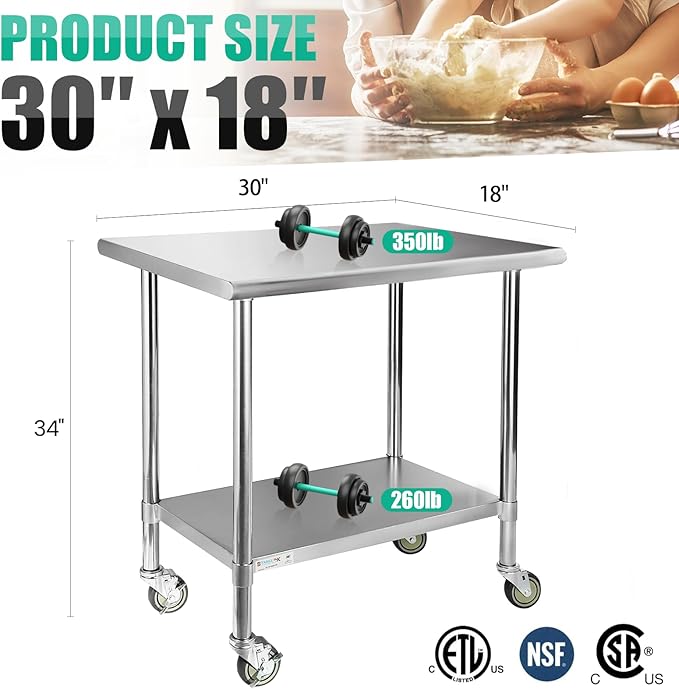 STABLEINK NSF Stainless Steel Table with Caster Wheels, 30 x 18 Inches Metal Prep & Work Table with Adjustable Undershelf, for Commercial Kitchen, Restaurant, Hotel and Garage