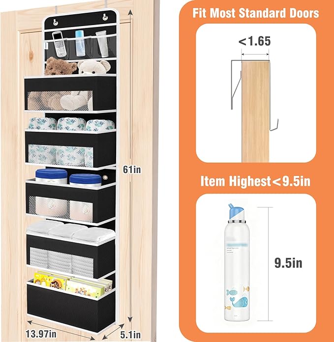 WISELIFE Over the Door Organizer - 6 Shelves Detachable Hanging Bedroom Storage Solution with 5 Large Pockets and 3 PVC Pockets for Dorm Bathroom, Pantry Nursery Baby Essentials (Black)