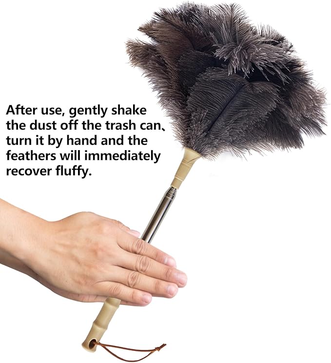 Aldwin Ostrich Feather Duster with Extension Pole Up to 43 inch, Genuine Fluffy Natural Reusable Handheld Feather Dusters for Cleaning Supplies, Washable, Car, Office, Desk, Blinds