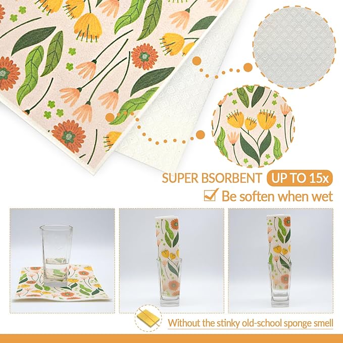 6 - Pack Swedish Kitchen Dish Cloths - Reusable Paper Towels for Counters & Dishes - Eco Friendly Cellulose Sponge Cloth - Assorted (Broken Flowers)
