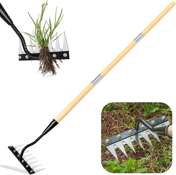 Iron Weeding Rake with Handle 2.0, 2025 Upgraded 8 Teeths Garden Weed Puller Tool Heavy Duty Gardening Tool for Lawn, Flower Beds & Soil Aeration