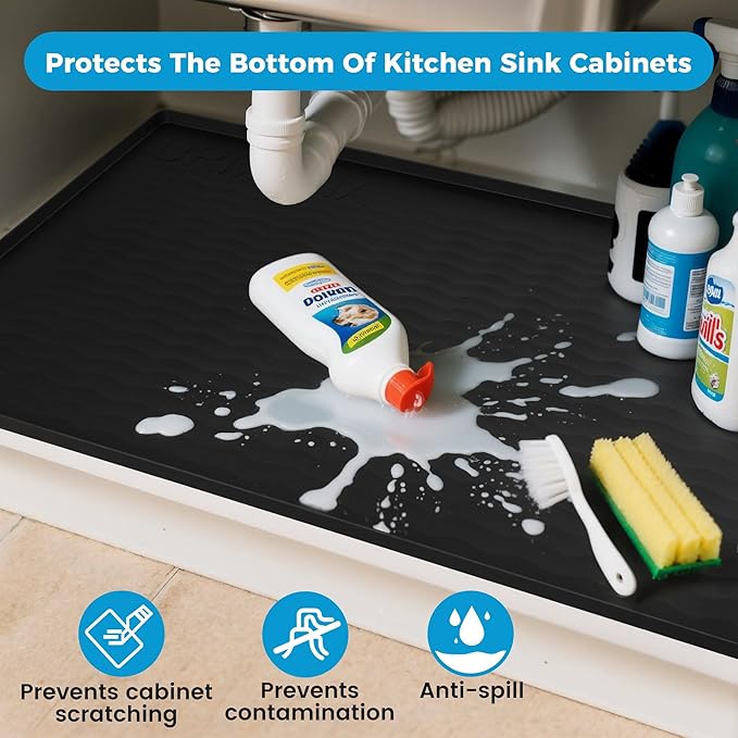 URMONA 28'' x 22'' Waterproof Silicone Under Sink Mat Cabinet and Counter Protector, Shelf Liner for Kitchen and Bathroom, Storage and Organizers, Litter Mat, Pet Cat Puppy Essentials（Light Cream）