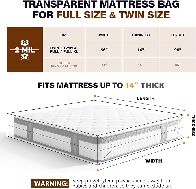 2 Pack Mattress Bags for Moving & Storage - 98" x 56" x 14'' for Twin/Full Size, Waterproof & Tear-Resistant, 2.0 MIL Heavy Duty Mattress Cover Moving Supplies