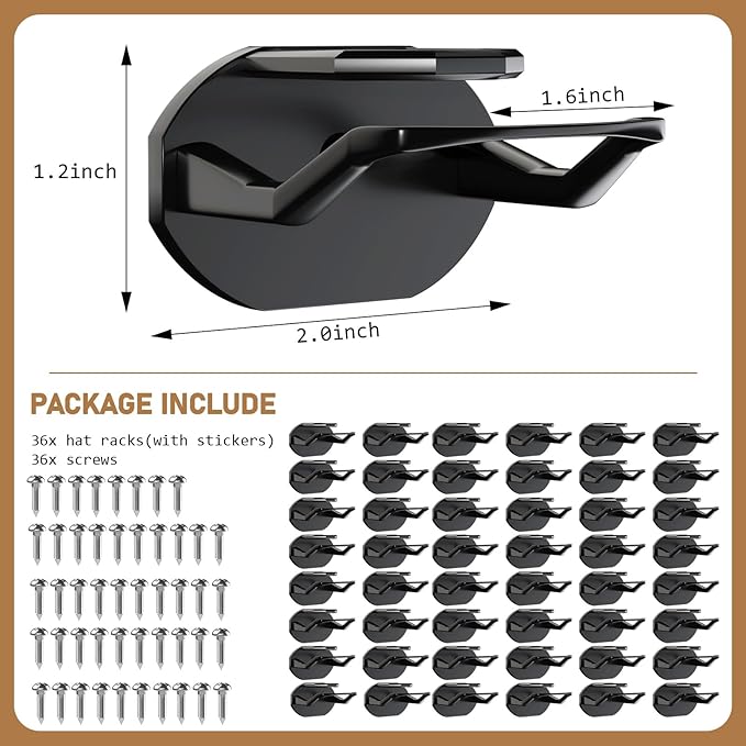 48 Pack Adhesive Hat Hooks for Wall, Super Strong Hat Rack for Baseball Caps, Hat Organizer Display for Home Decor, Hat Hangers Holder for Wall, Door, Closet, No Drilling - USA Patented (Black)