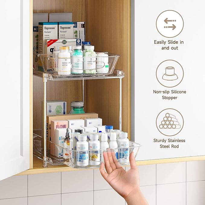 2 Sets of Under Bathroom Sink Organizer, 2-Tier Multi-Purpose Clear Medicine Cabinet Organizer, Pull Out Home Organization Must Haves 2025 with Movable Dividers