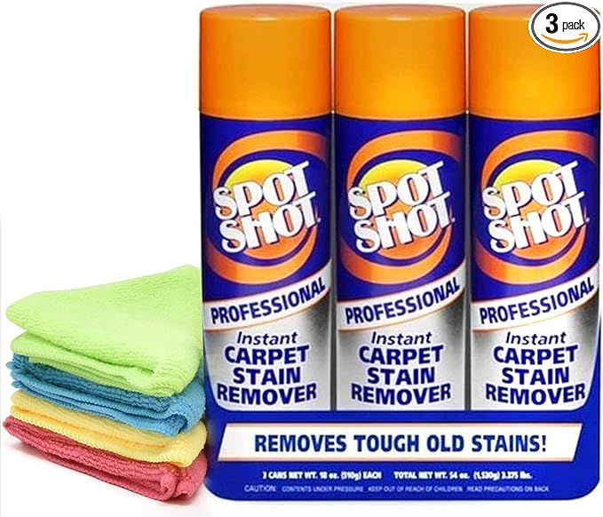 Spot Shot 18 oz Professional Carpet Stain Remover 3 Pack, and 4 UBEN Microfiber 12x12 Cleaning Cloths Included