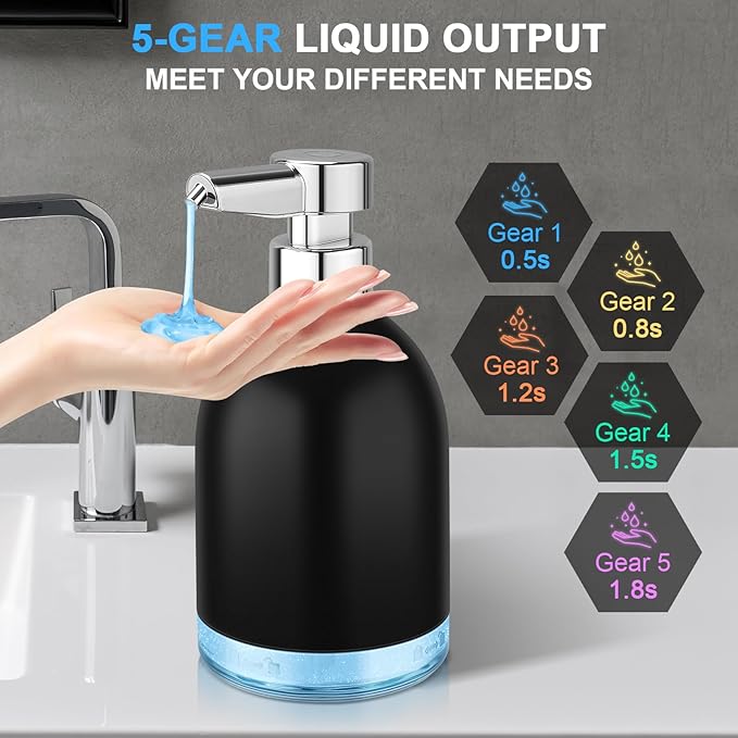 Automatic Soap Dispenser Liquid Touchless: 11oz Plastic - 5 Level Adjustable Black Rechargeable Electric Auto Smart Soap Dispenser - Bathroom Kitchen Hand Dish Lotion