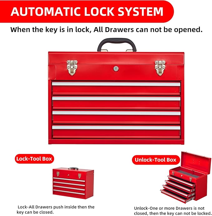 Tool Chest Cabinet, Large Capacity Metal Tool Box with Wheels and Cylinder Locking, Roll Around Storage Organizer Tool Cart for Garage, Redtool cabinets on Wheels (Red, 4-Drawer)