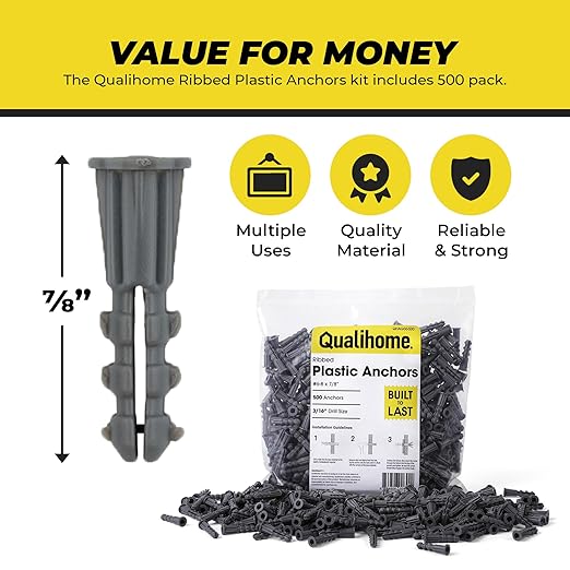 Qualihome Ribbed Plastic Drywall Anchors - Wall Anchors for Drywall - Plastic Screw Anchors for Secure Fastening (Bulk Pack, #6-8 x 7/8")