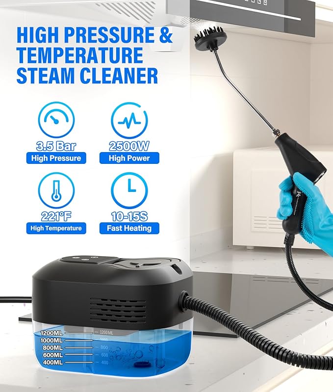 HK Steam Cleaner, 6-Level Adjustable Handle, 1.2L Tank, 15s Heat-Up, 2500W Steamer for Cleaning, Portable Steamer for Cleaning with 16PCS Accessories, Steam Cleaner for Home, Dirt, Grease, Car