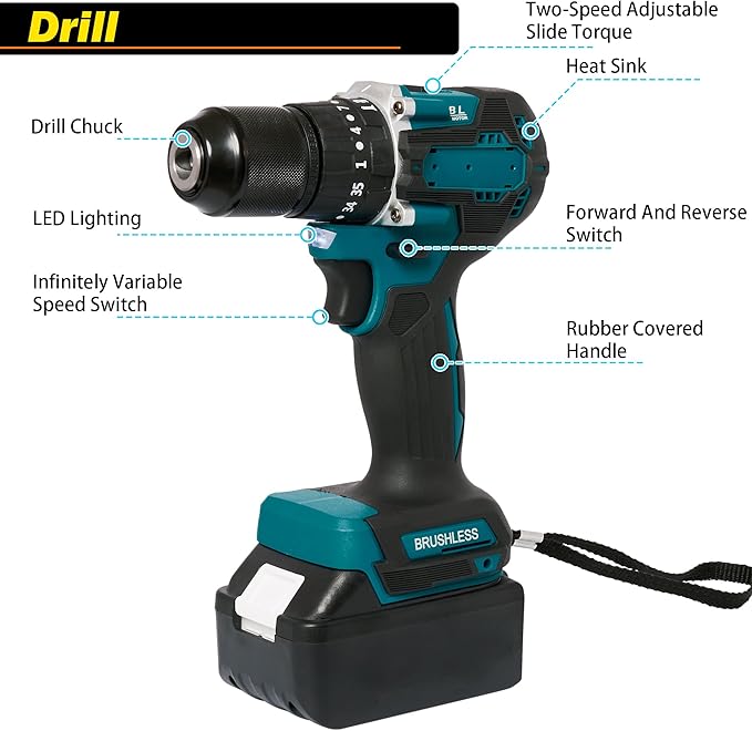 4 Sets Cordless Tools Combo Kit Set SELFIE CAT Drill and Impact Driver Combo High Torque Electric Tools Kit Hammer/Angle Grinder/Impact Wrench/Drill Impact Drill Set With 4 Batteries and 2 Chargers