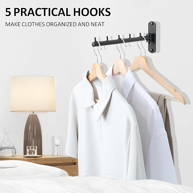 Swing Clothes Hanger, Wall Mounted Garment Bar-Hanger Holder Hooks, Heavy Duty Folding Drying Rack, Space Saving Clothing Hanging System, Closet Storage Organizer, Black