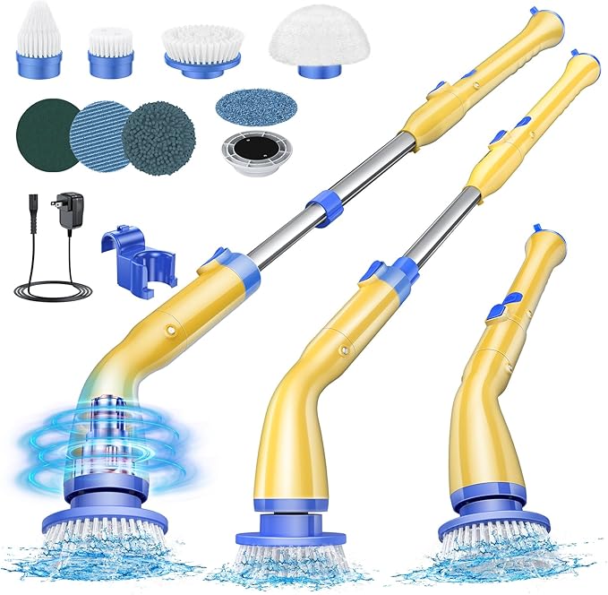 LABIGO Electric Spin Scrubber LA1 Pro, Cordless Spin Scrubber with 7 Replaceable Brush Heads and Adjustable Extension Handle, Power Cleaning Brush for Bathroom Floor Tile Yellow
