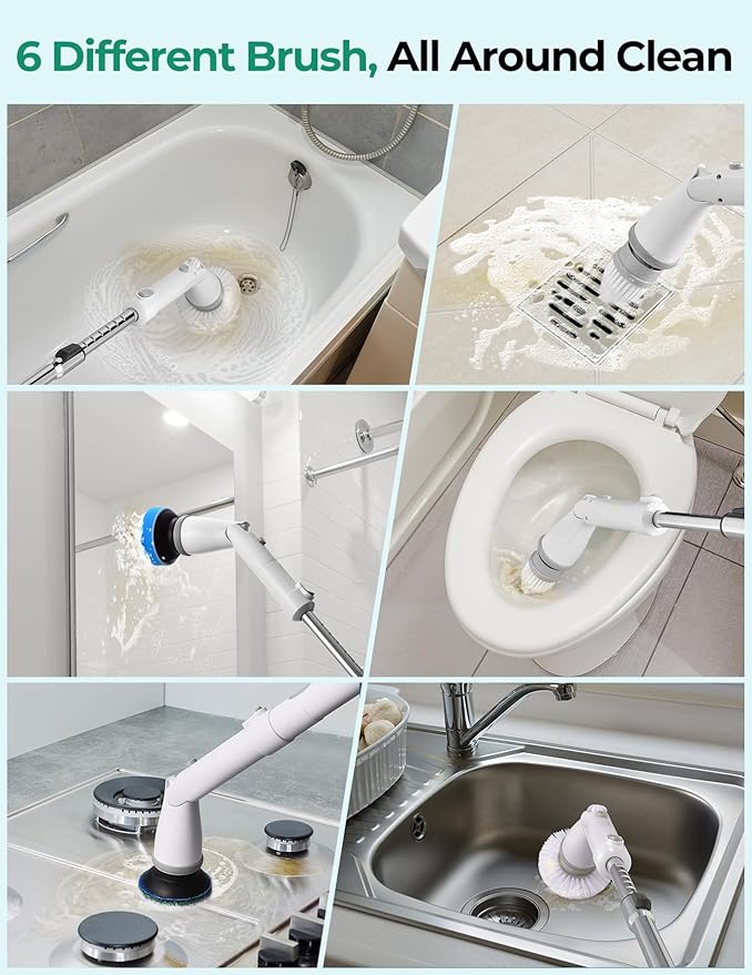 kHelfer Electric Spin Scrubber Kh8, Upgrade Cordless Shower Scrubber 8 Replacement Head, 1.5H Bathroom Scrubber Dual Speed, Shower Cleaning Brush with Extension Arm for Bathtub Tile Floor