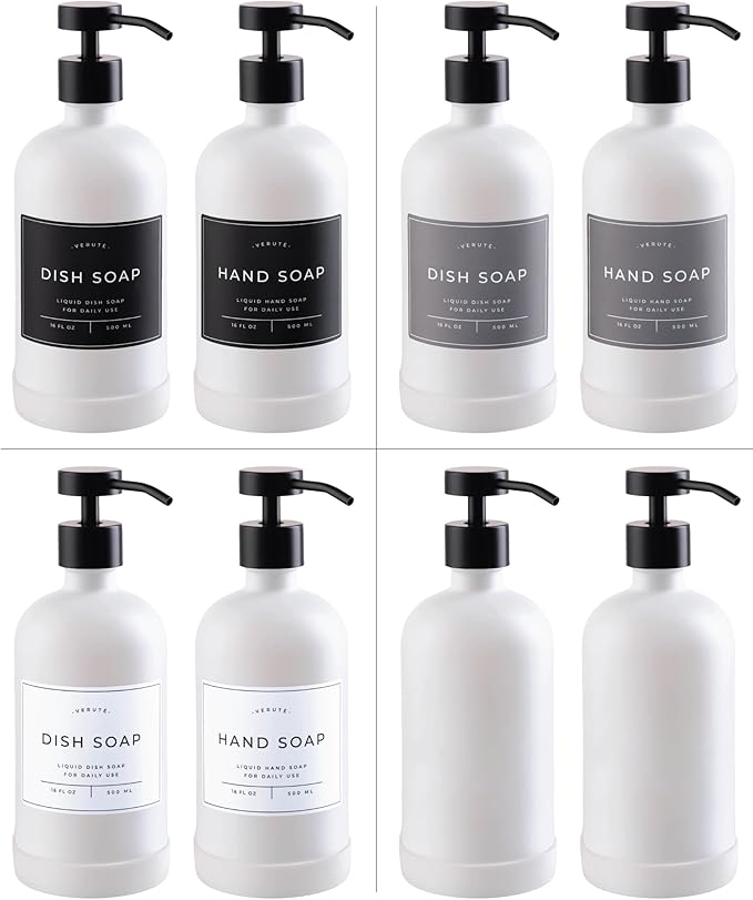 16oz Glass Soap Dispenser with Stainless Steel Pump, 21 Waterproof Labels, Non-Slip Protective Silicone Pad, Set of 2 for Bathroom & Kitchen (Matte White Bottle/Black Pump)