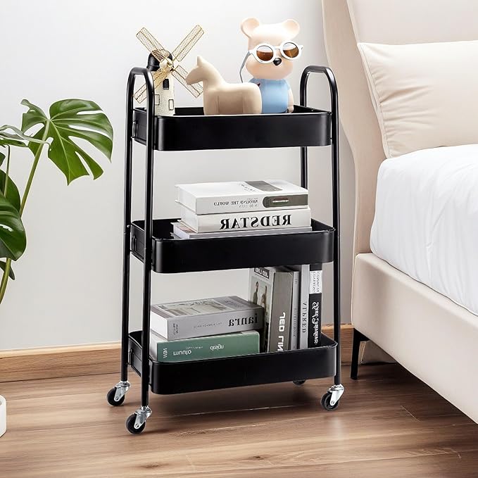 SETTFRFE 3 Tier Rolling Cart Metal,File and Art Cart with Wheels,Storage Shelf Organizer Cart for Bathroom,Office,Kitchen,Black