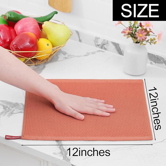 Homaxy 100% Cotton Waffle Weave Kitchen Dish Cloths, Ultra Soft Absorbent Quick Drying Dish Towels, 12 x 12 Inches, 12-Pack, Coral