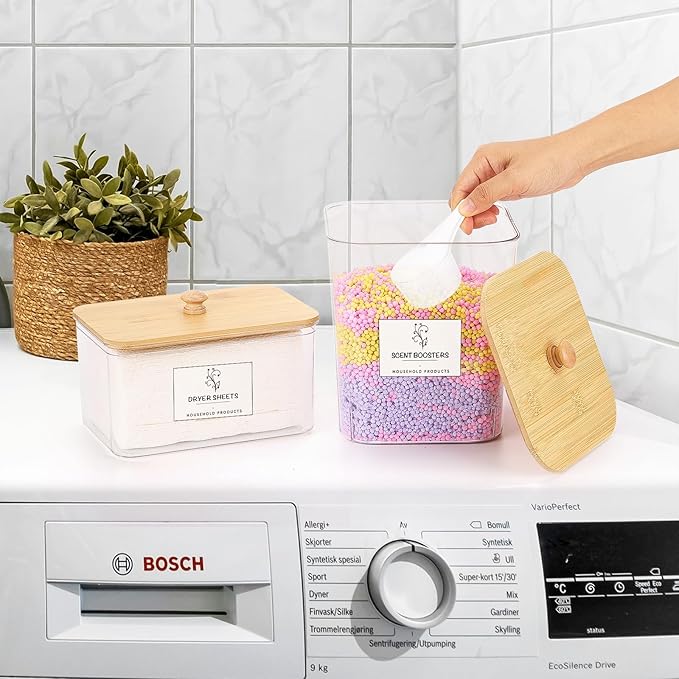 Tbestmax 3 Pack Laundry Room Organization Storage Containers, Clear Laundry Pod Containers and Dryer Sheet Holder Set with Lids and Labels for Detergent, Powder, Dryer Balls, Beads