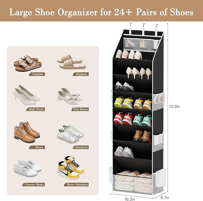Criusia Shoe Organizer, Over the Door Shoe Organizer for Closet, Hanging Closet Shoe Storage with Large Deep Pockets, Holds Sneakers, Sandals, Boots, Fits 16–24 Pairs, Black