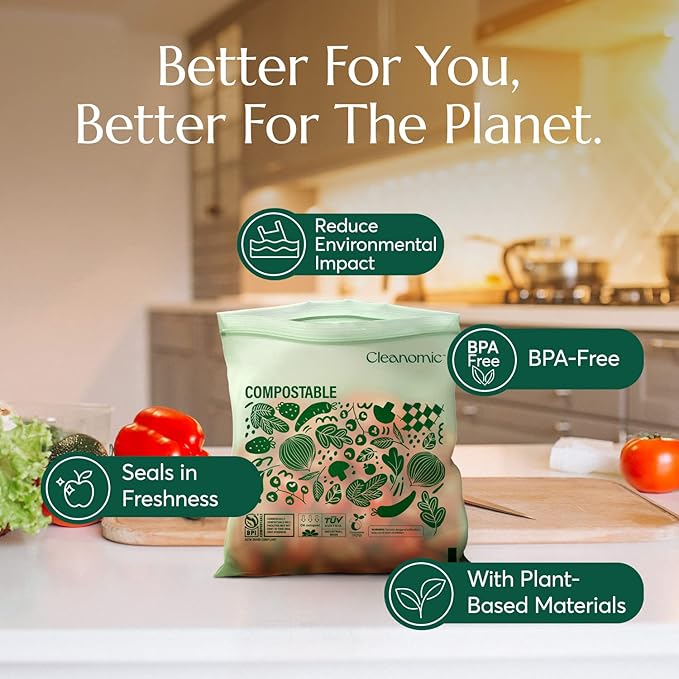 Cleanomic Compostable* Quart Size Food Storage Bags (25 Eco Zip) Freezer and Leak Proof, Also Available Gallon, Snack and Sandwich Size Bags