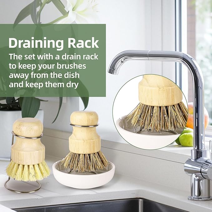 Bamboo Dish Brush Set with Holder - Natural Dish Scrub Brush for Cleaning Dishes, Fast Dry Design Kitchen Dish Brush for Sinks & Pots