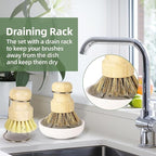 Bamboo Dish Brush Set with Holder - Natural Dish Scrub Brush for Cleaning Dishes, Fast Dry Design Kitchen Dish Brush for Sinks & Pots