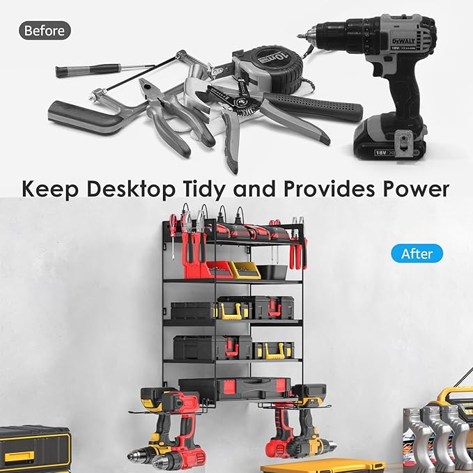 CCCEI Garage Tools Storage with Charging Station. Power Tool Battery Organizer Utility Shelf with Power Strip. 4 Drills Holder Wall Mount Rack, Black 5 Layer.