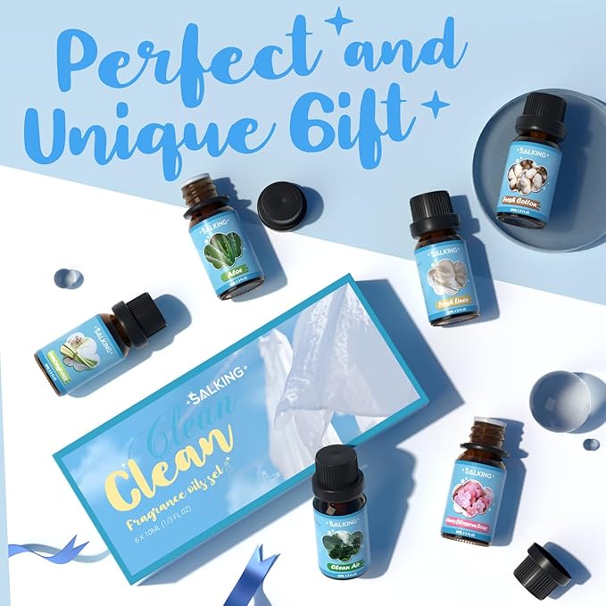 SALKING Clean Fragrance Oils Set, Premium Essential Oil for Diffuser, Scented Oil Gift Set for Soap Candle Making - Lemongrass, Fresh Cotton, Fresh Linen, Cherry Blossom Soap, Clean Air, Aloe