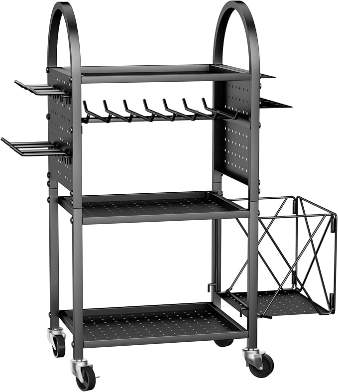 Power Tool Organizer with Wheels 4 Tier Tool Cart Loads 500 LBS with 8 Cordless Drill Holder & Screwdriver Rack Metal Utility Rack for Home, Garage, Workshop, Gifts for Men, Regular with Basket