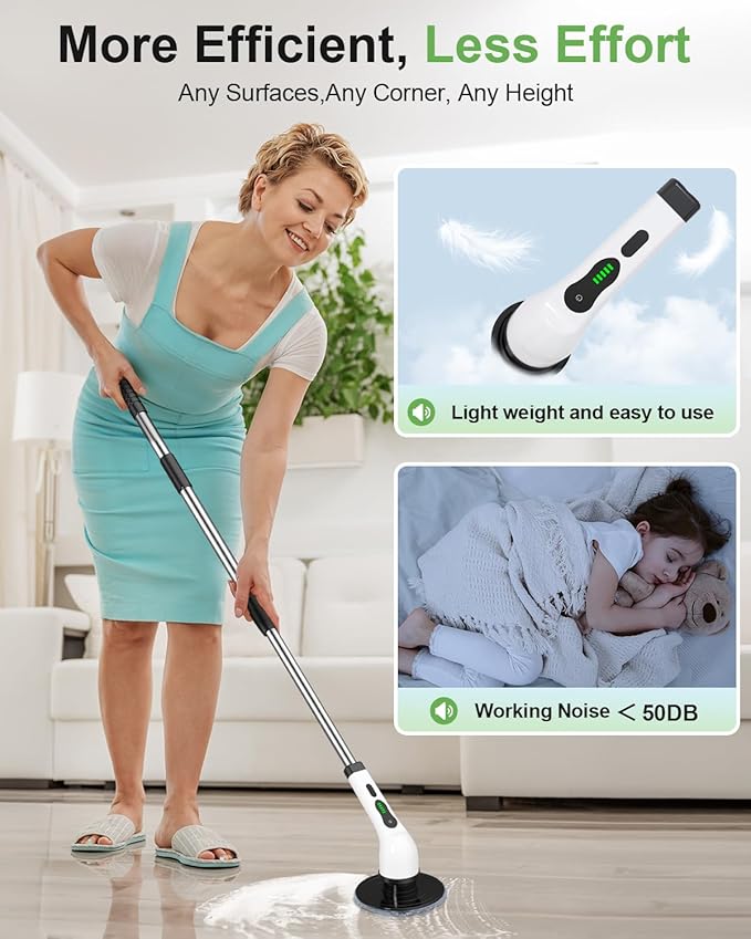 Electric Spin Scrubber, Cordless Cleaning Brush, Shower Scrubber with 9 Brush Heads 2H Power Dual Speed, Adjustable Extension Handle, IPX7 Waterproof for Tub Tile Floor Car, O-White