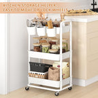 JIUYOTREE 3-Tier Plastic Rolling Storage Cart Utility Cart with Extra Hanging Cups Handles Lockable Wheels for Living Room Bathroom Kitchen Office White